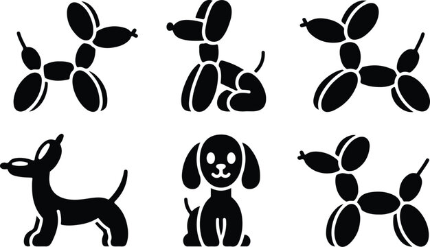 Collection of hand drawn balloon dog and dog icons with bone icon, balloon anima