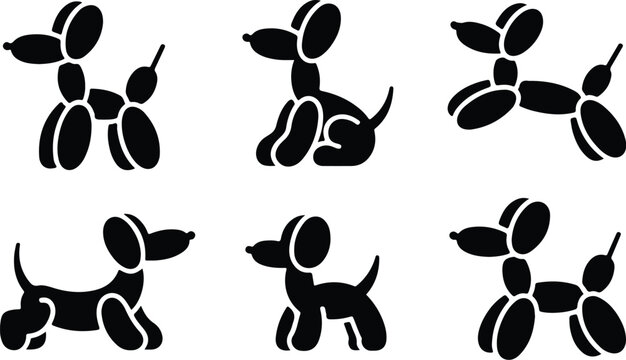 Collection of hand drawn balloon dog and dog icons with bone icon, balloon anima