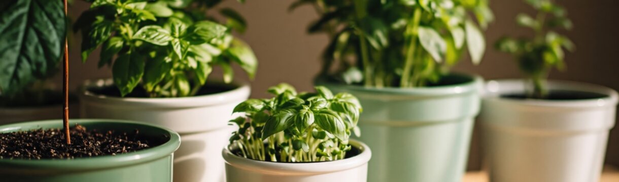 Collection of various basil plants growing in ceramic pots arranged on wooden surface for home garden setting. High quality photo