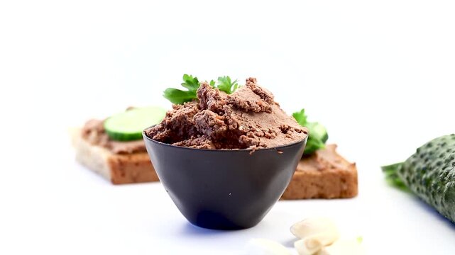homemade liver pate served with bread and cucumber
