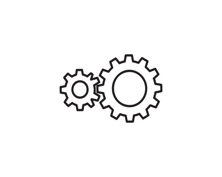 Minimalist black outline icon of two interlocking gears, one larger and one smaller, clean design symbolizing machinery, engineering, or system processes, simple geometric drawing