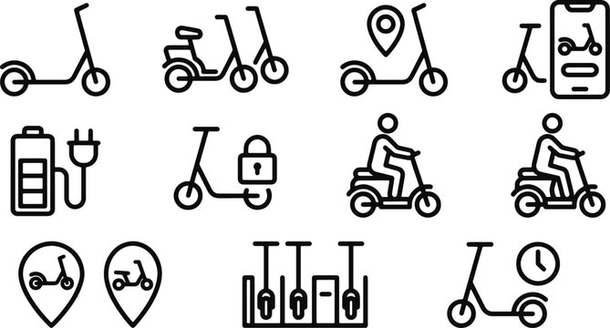 Black line icons of electric scooters and bike