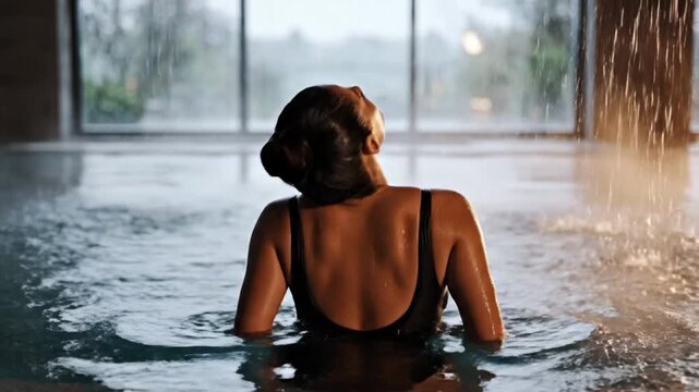Woman relaxing in luxury indoor spa pool with water curtain