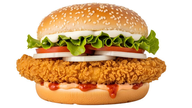 Delicious Fried chicken burger with lettuce, onions, mayonnaise sauce, cheese. Crispy Chicken burger isolated on white background. Closeup of Zinger burger isolated.