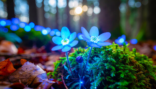 Two blue hepatica flowers glowing in a forest with bokeh lights