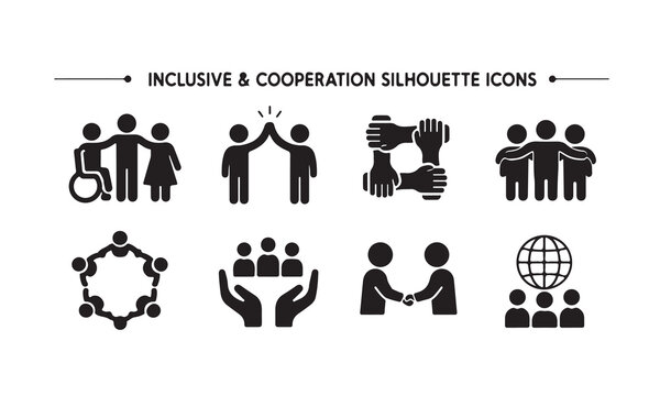 Silhouette inclusive, coopeartion, teamwork, support, cooperation, social icon set editable vectore file