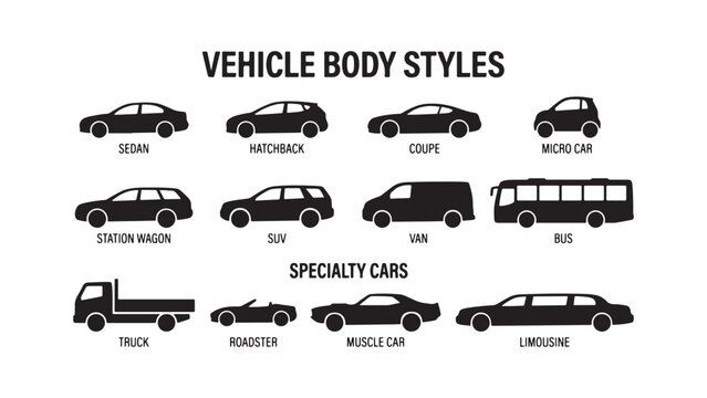 Collection of different vehicle body styles and types in black and white vector illustration