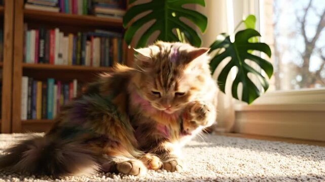 Ginger cat with rainbow fur sitting in sunny home library