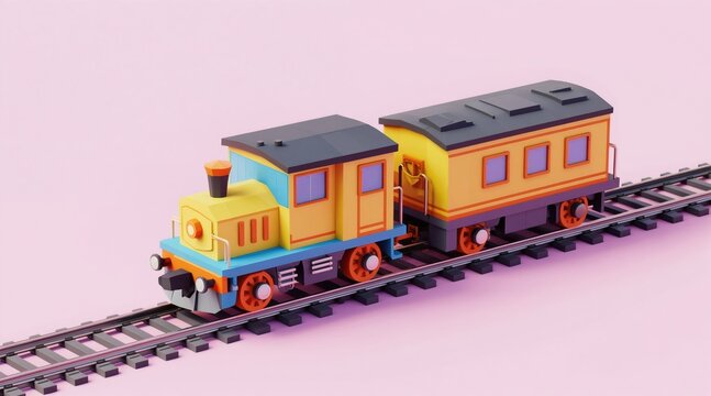 Toy train with carriage moves on rails. Colorful low-poly 3D render illustration. Cute locomotive travels on tracks, minimal geometric design.