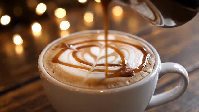 Creamy Latte Art with Drizzling Caramel Sauce and Warm Bokeh - A close-up shot captures a creamy latte with intricate foam art, as rich caramel sauce drizzles over the surface.