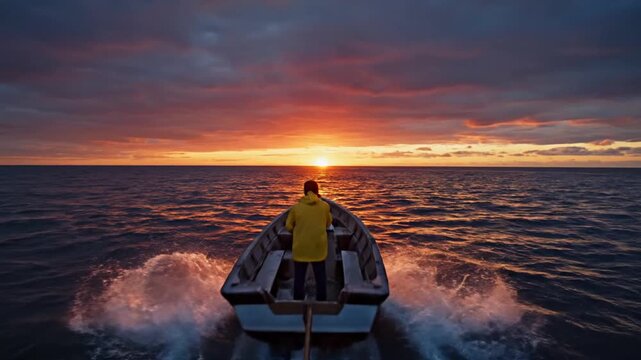 Young fisherman in yellow raincoat steering boat during sunset