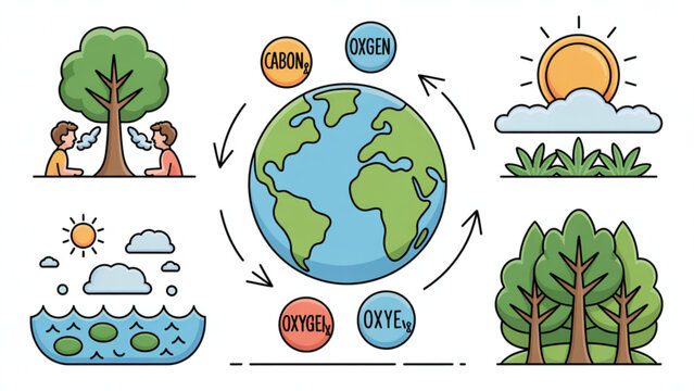 Earth Oxygen Cycle Vector Illustration Set &ndash; Trees, Ocean, Atmosphere, and Human Respiration