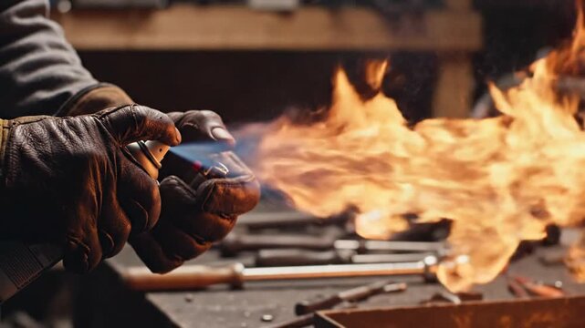 Gloved hands creating a flame with an aerosol spray can