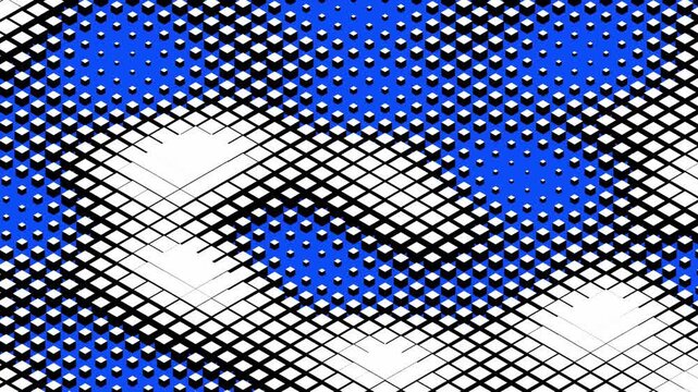 Geometric 3D pattern with blue circles and black isometric cubes on a white background creating a dynamic abstract texture for tech and innovation concepts