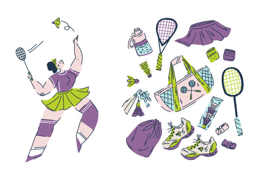 Dynamic badminton collection, jumping girl with racket and shuttlecock and badminton accessories, rackets, shuttlecocks, sportswear in pastel colors