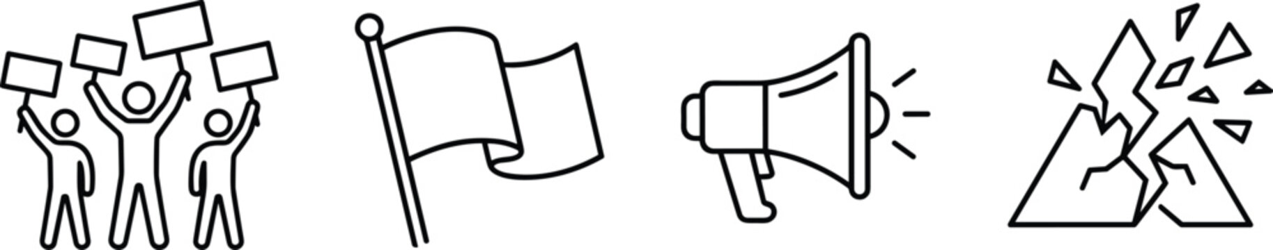 Activism and communication icons, protest flag megaphone earthquake vector, social change design, political movement art - flat vector illustration