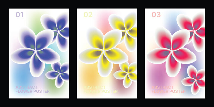 Set of three abstract flower posters with gradient plumeria designs in blue, yellow, and red color schemes