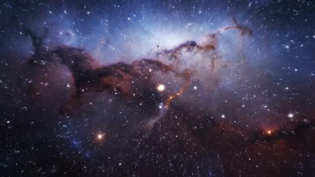 A vibrant cosmic display with celestial bodies and swirling nebulas