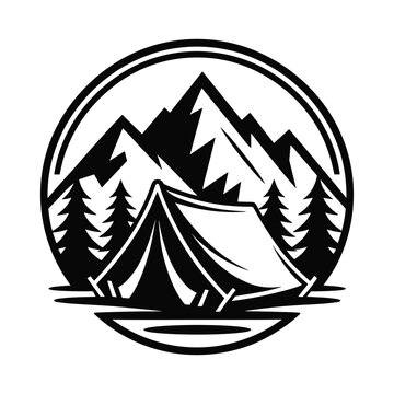 Stylized black and white illustration of a camping tent amidst pine trees and mountains within a circular frame