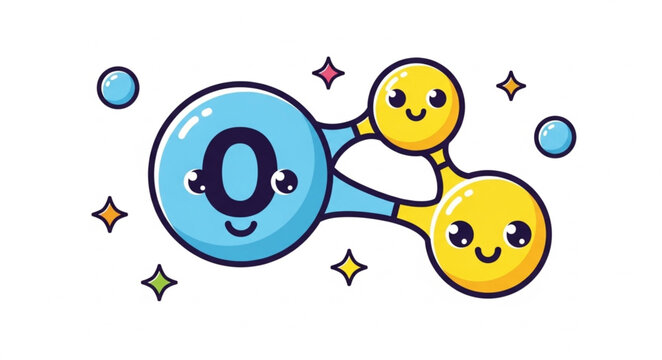 Cute cartoon oxygen molecule with happy face and stars.