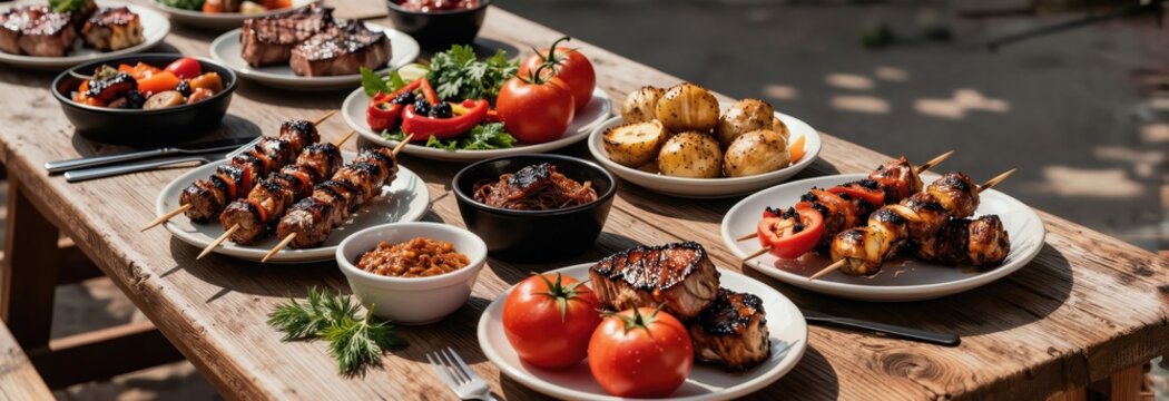 Rustic table laid with grilled meats vegetables and potatoes ready for outdoor summer feast. Delicious BBQ spread with skewers and sides in bright sunlight. Perfect for cookout themes.