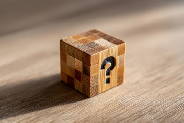 Obraz premium a question mark block wooden cube background with space for text, Wooden block featuring a question mark.