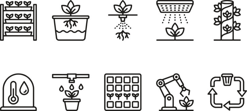 Black line icons of plants and hydroponic systems