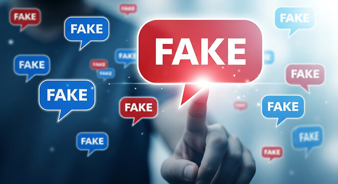 Digital misinformation challenge Hand points to 'FAKE' speech bubble, symbolizing critical effort to identify and combat widespread online deception and untruths