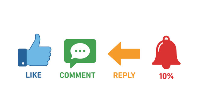 Colorful social media interaction icons displaying like comment reply and notification bell for digital marketing content