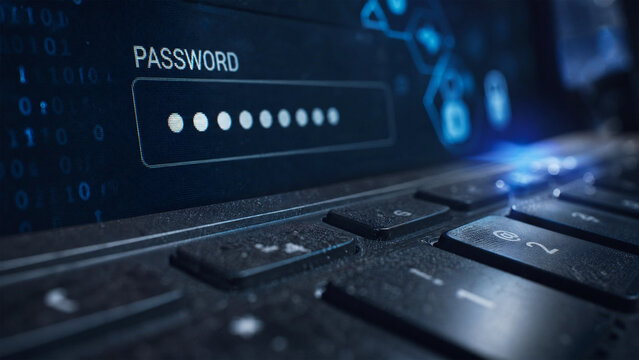 Close up of a digital password entry screen with binary code and keyboard detail