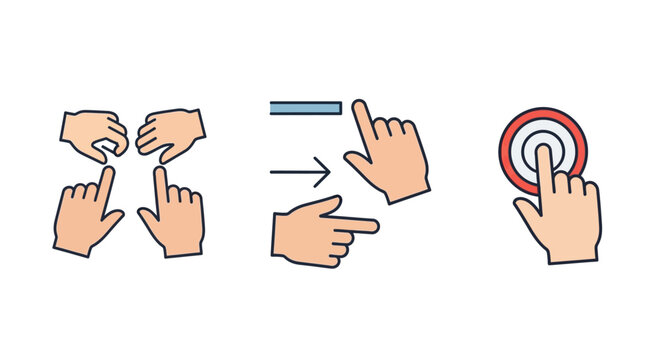 Set of human hand icons showing various gestures for touch screen navigation and digital interfaces