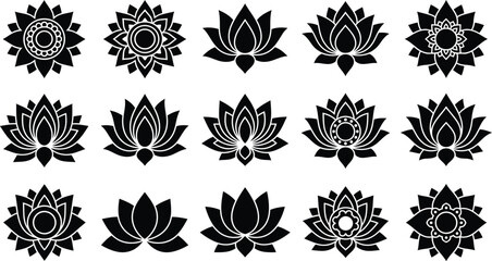 Black and white lotus flower 12 variations, on white background, symbol © hr graphics
