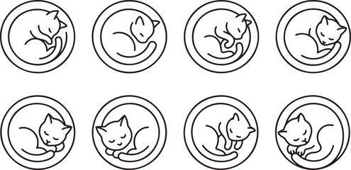 Sleeping cats curled up in circle shapes minimalist line art © HM