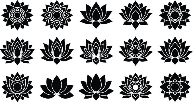 Black and white lotus flower 12 variations, on white background, symbol