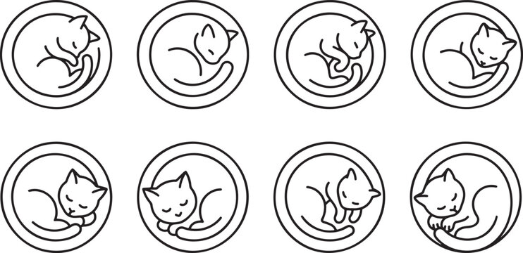 Sleeping cats curled up in circle shapes minimalist line art