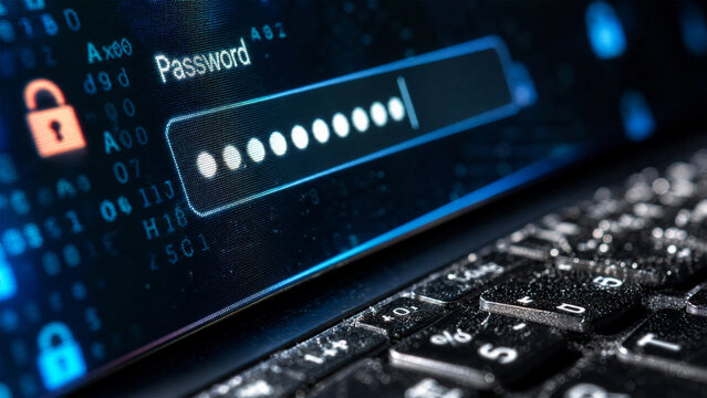 Digital cybersecurity concept showing a locked padlock icon and password entry field on a screen with binary code