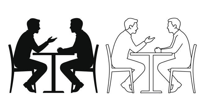 Two men talking at table black silhouette