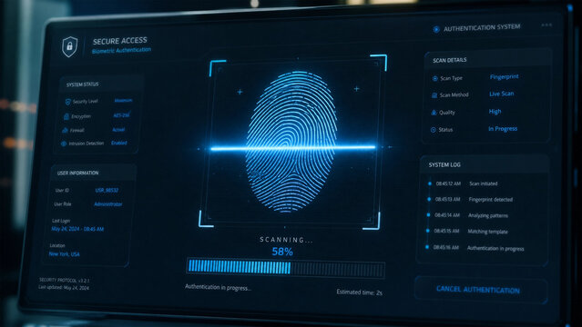 Digital fingerprint scanning and biometric authentication process on a futuristic computer screen interface