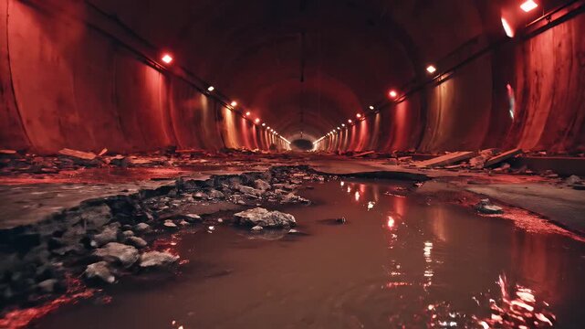 Empty Damaged Underground Roadway with Red Emergency Lighting - A long, dark underground tunnel is severely damaged with debris scattered across the broken roadway.