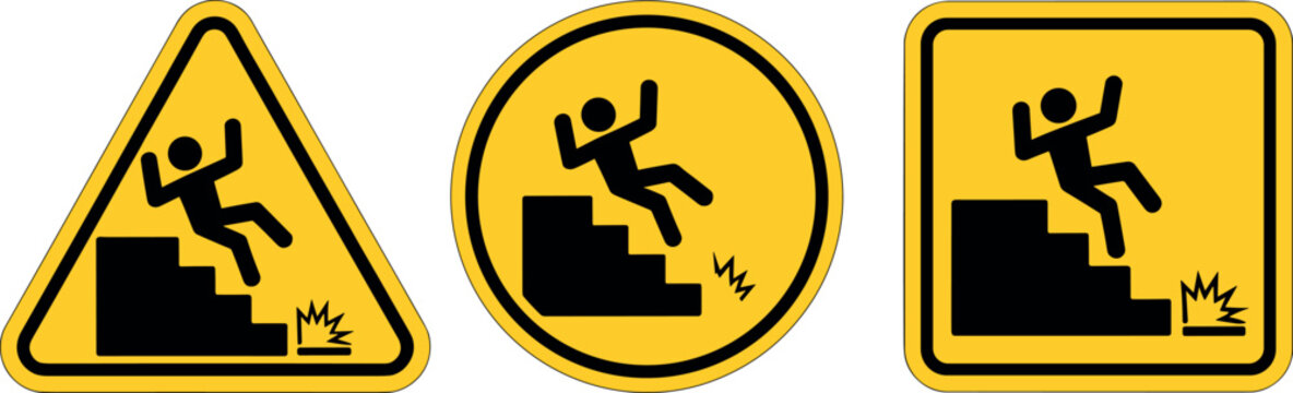 Yellow warning icons showing a person slipping on different surfaces