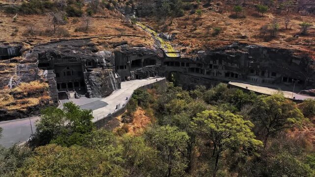 Aerial view of the Kailasa Temple at Ellora Caves in Maharashtra, India. This ancient rock-cut temple, carved from a single monolithic structure, stands as a masterpiece of Indian architecture.