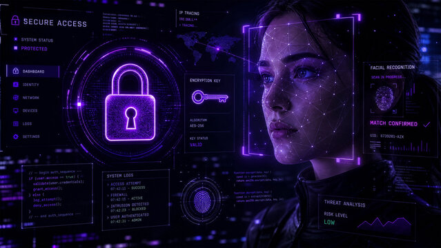 Futuristic digital interface displays facial recognition and secure access system with padlock icon and key