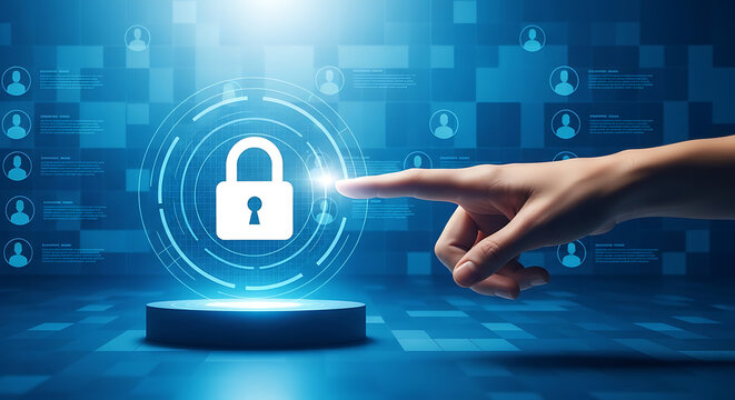 Abstract digital security concept, a human finger touching a glowing padlock icon on a futuristic interface