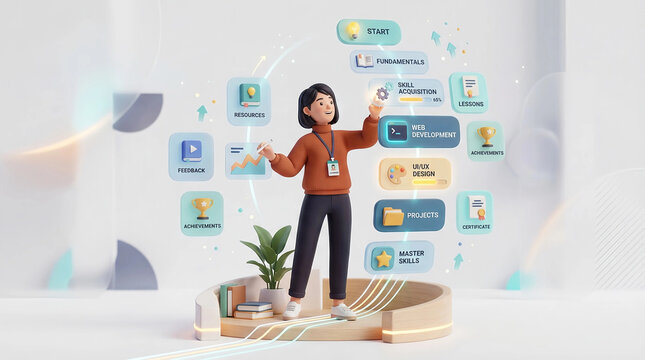 Woman learning tech skills with interactive e-learning dashboard showing courses and achievements