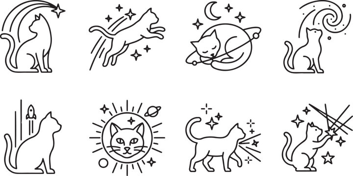 Cosmic cat and outer space line icons featuring stars and moon