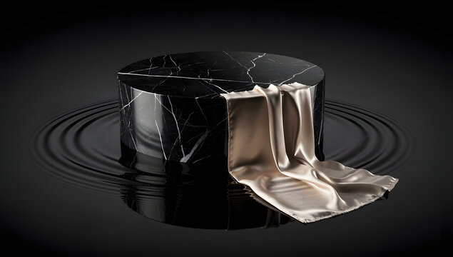 Black Nero Marquina Marble Podium with Silk Fabric on Rippled Water Surface