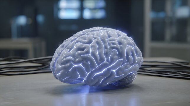 A glowing blue cerebral model showing complex neural pathways connected to a mesh of technical cables on a laboratory surface