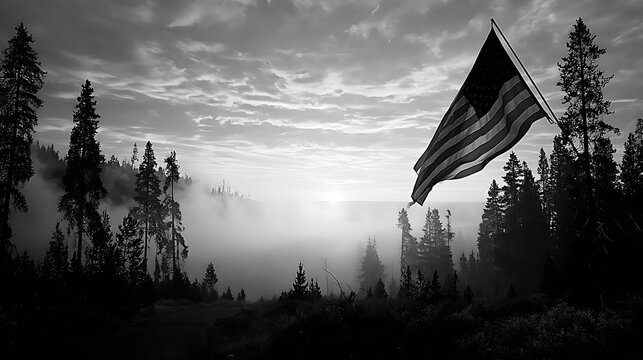 American flag waving over a misty forest valley in black and white
