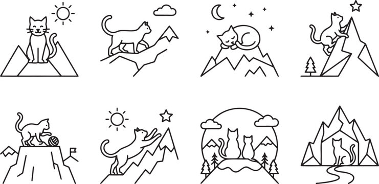 Adventure cat icons exploring mountain peaks and outdoor landscapes