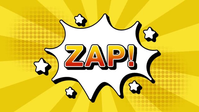 zap text word lettering popup comic cartoon reveal with bomb and smoke explosion manga anime book page dots with radial speed lines doodle background with seamless loop animation retro
